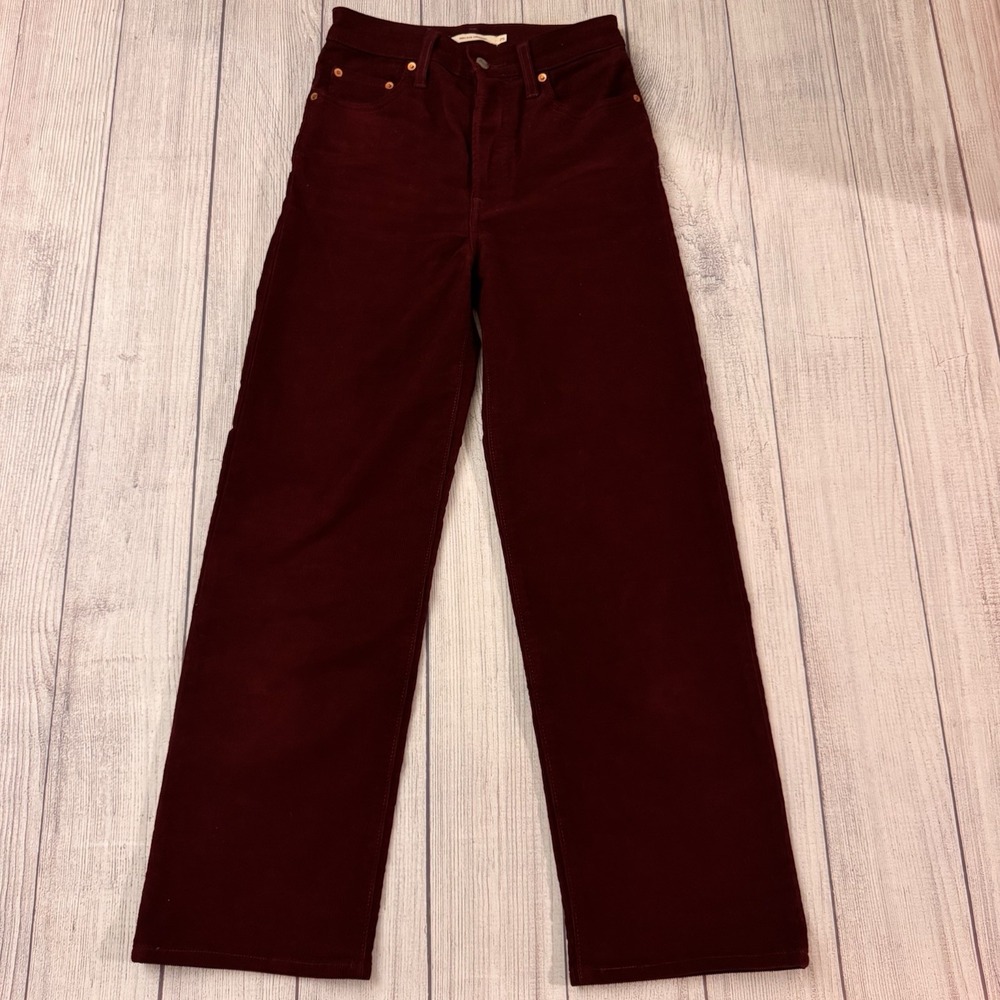 Levi's Premium Ribcage Straight Corduroy Pants Women's 25 Burgundy Button Fly